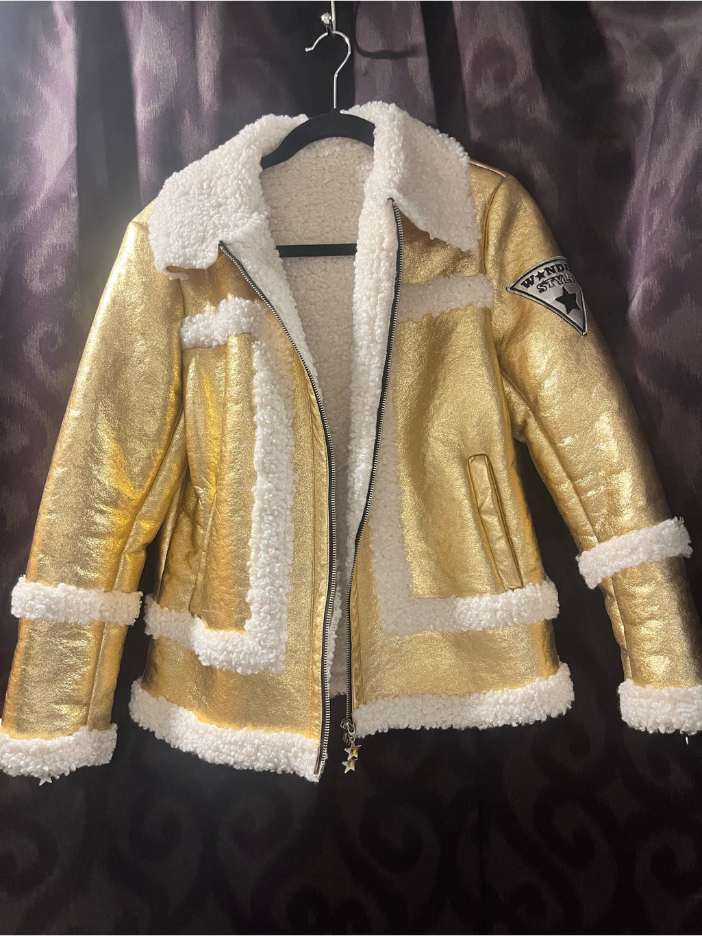 Gold Faux-Shearling Jacket With White Trim